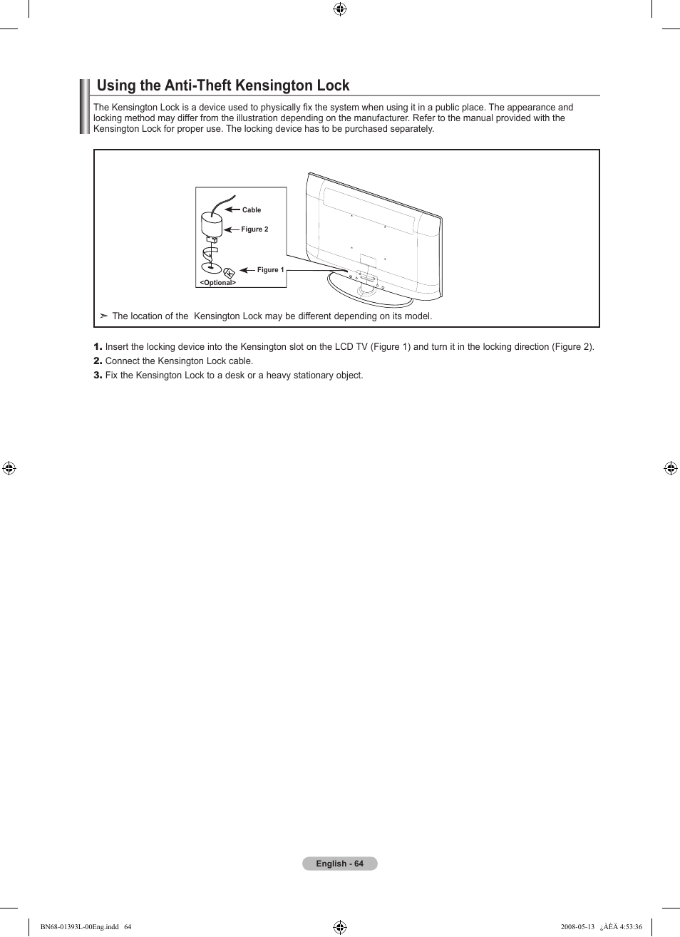 Using the anti-theft kensington lock | Samsung LN32A540P2DXZA User Manual | Page 66 / 133