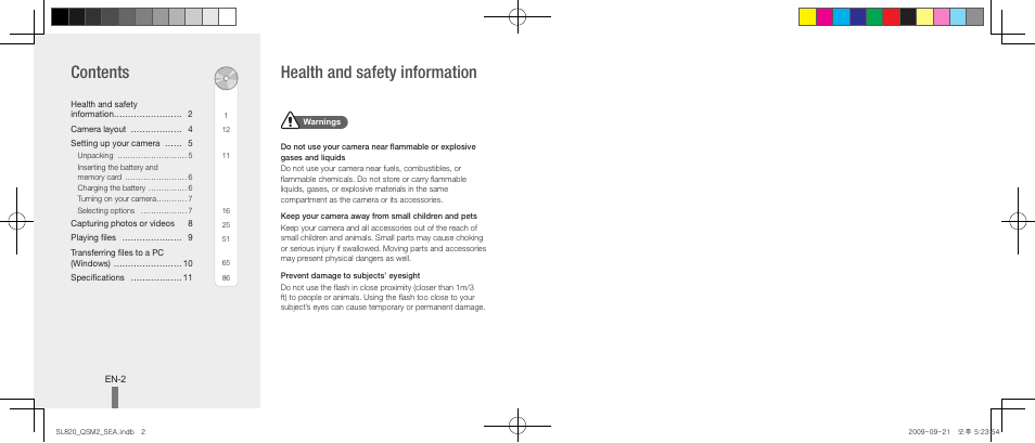 Health and safety information contents | Samsung EC-SL820SBP-US User Manual | Page 2 / 22