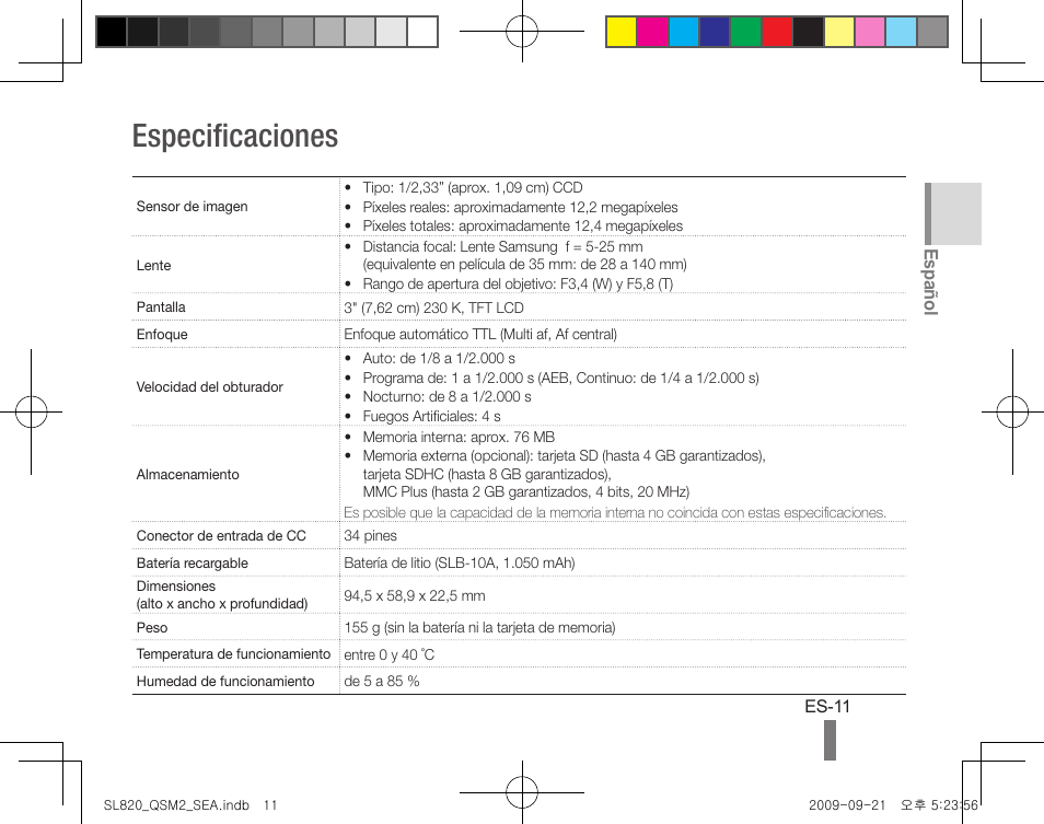 Especificaciones, Español | Samsung EC-SL820SBP-US User Manual | Page 21 / 22