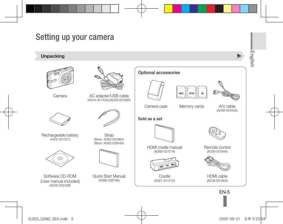 Setting up your camera, English | Samsung EC-SL820SBP-US User Manual | Page 5 / 22