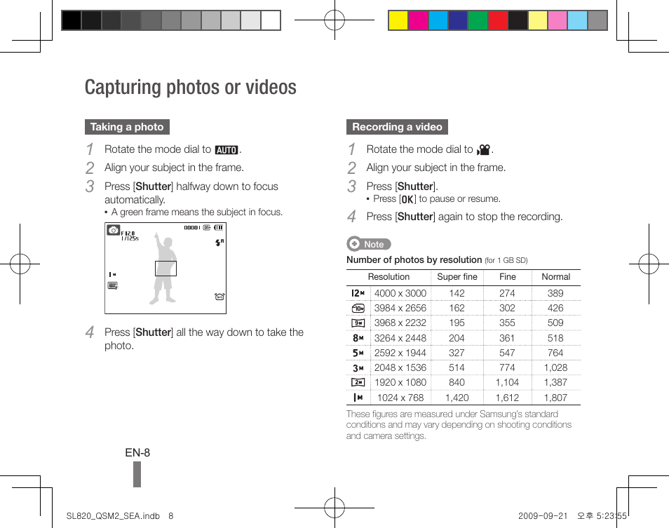 Capturing photos or videos | Samsung EC-SL820SBP-US User Manual | Page 8 / 22