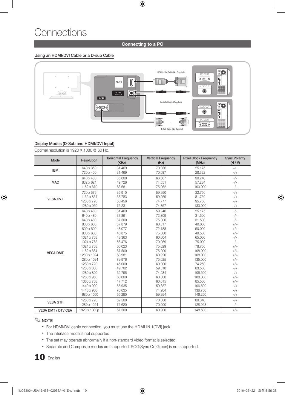 Connecting to a pc, Connections | Samsung UN60C6300SFXZA User Manual | Page 10 / 54