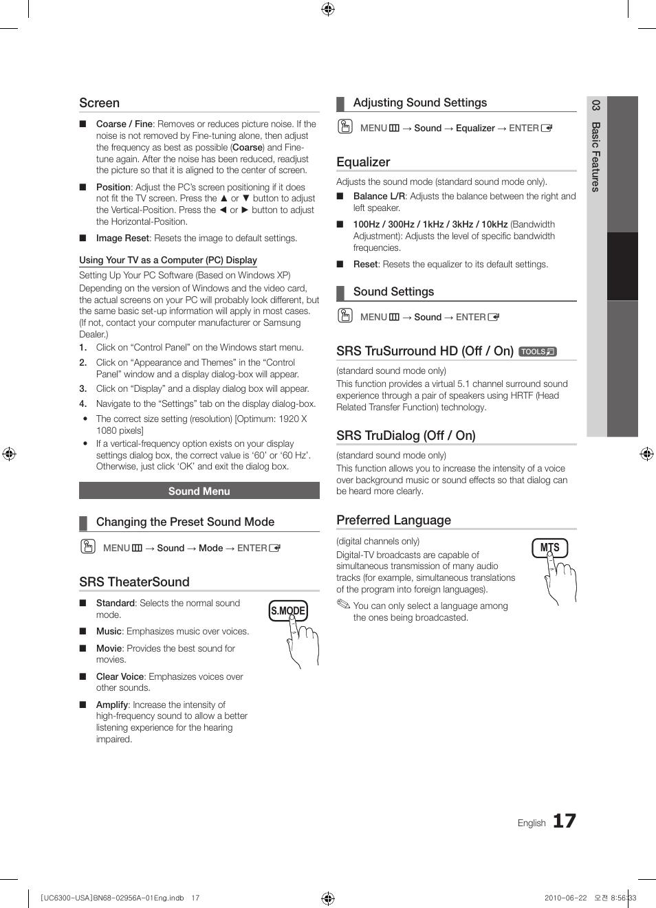 Sound menu, Changing the preset sound mode, Adjusting sound settings | Sound settings, Screen, Srs theatersound, Equalizer, Srs trusurround hd (off / on), Srs trudialog (off / on), Preferred language | Samsung UN60C6300SFXZA User Manual | Page 17 / 54