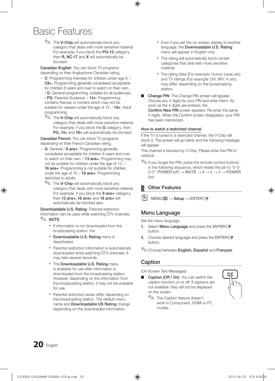 Other features, Basic features | Samsung UN60C6300SFXZA User Manual | Page 20 / 54