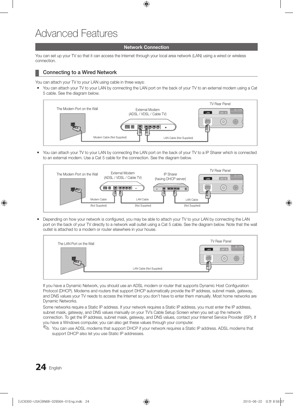 Advanced features, Network connection, Connecting to a wired network | Connecting a usb device, Connecting to your pc through a network, Screen display | Samsung UN60C6300SFXZA User Manual | Page 24 / 54