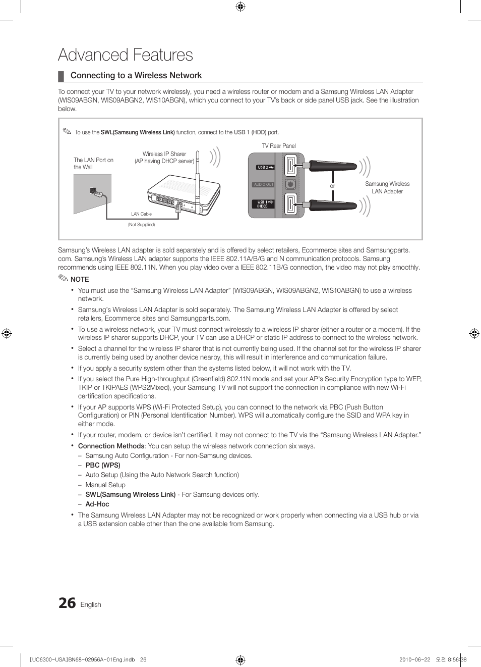 Connecting to a wireless network, Playing multiple files, Advanced features | Samsung UN60C6300SFXZA User Manual | Page 26 / 54