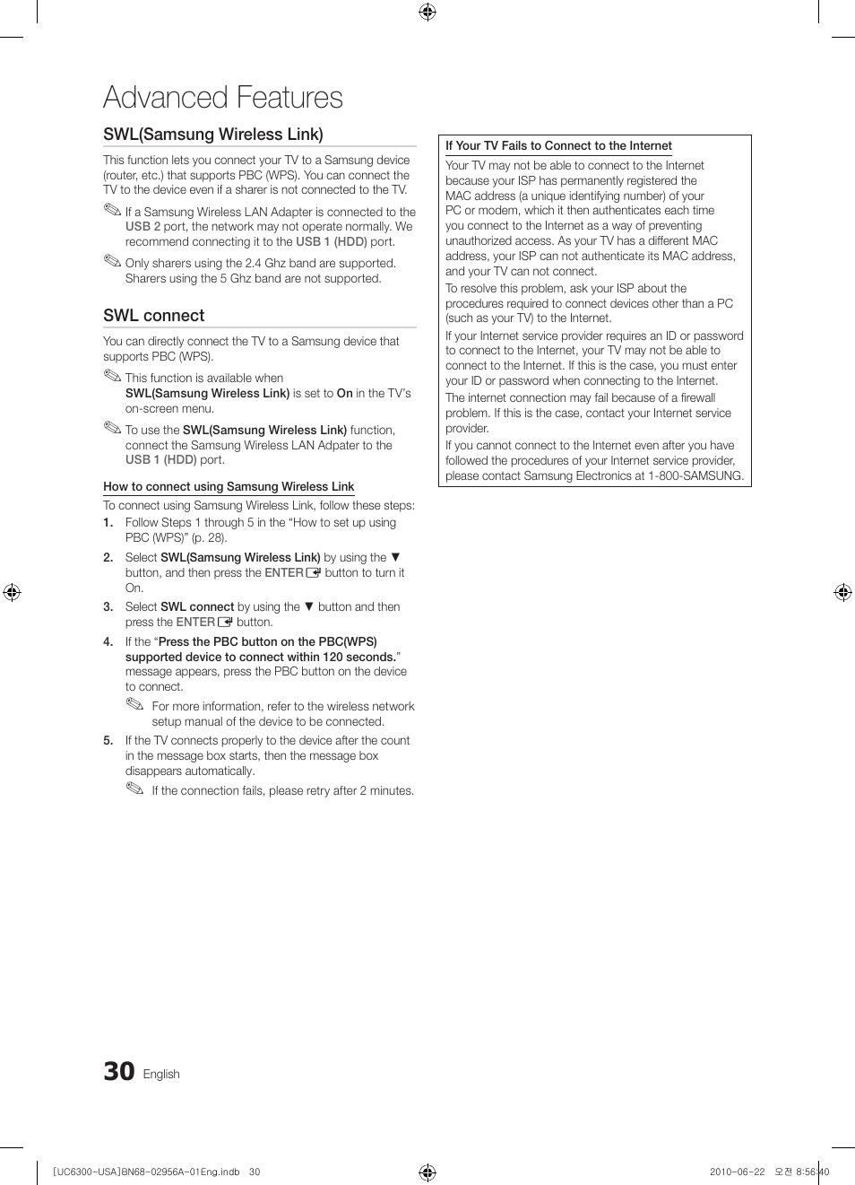 Advanced features | Samsung UN60C6300SFXZA User Manual | Page 30 / 54