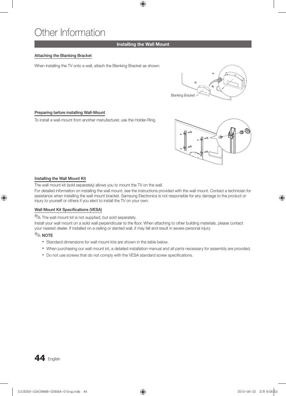 Installing the wall mount, Specifications, Other information | Samsung UN60C6300SFXZA User Manual | Page 44 / 54