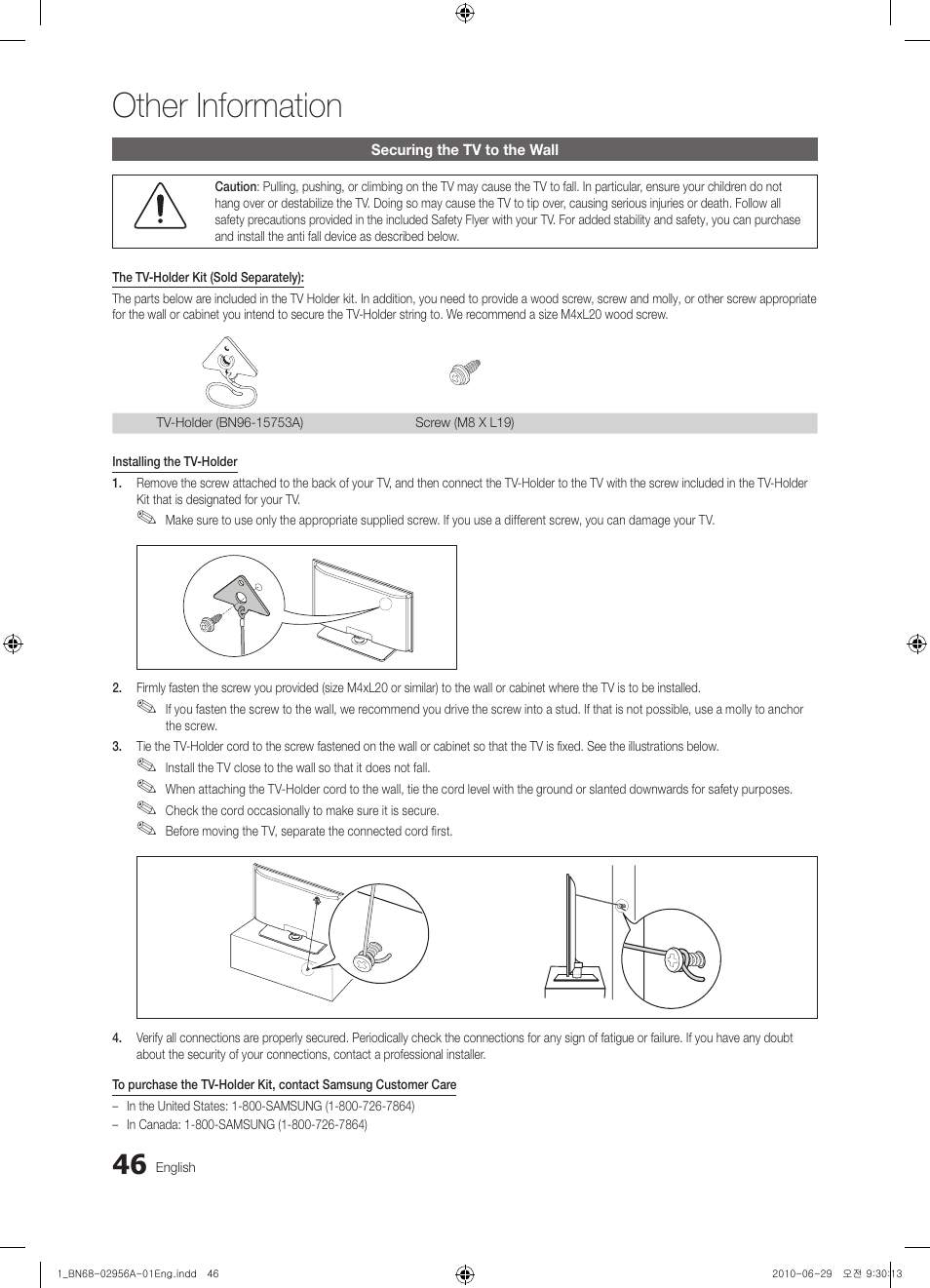 Securing the tv to the wall, Dimensions, Other information | Samsung UN60C6300SFXZA User Manual | Page 46 / 54