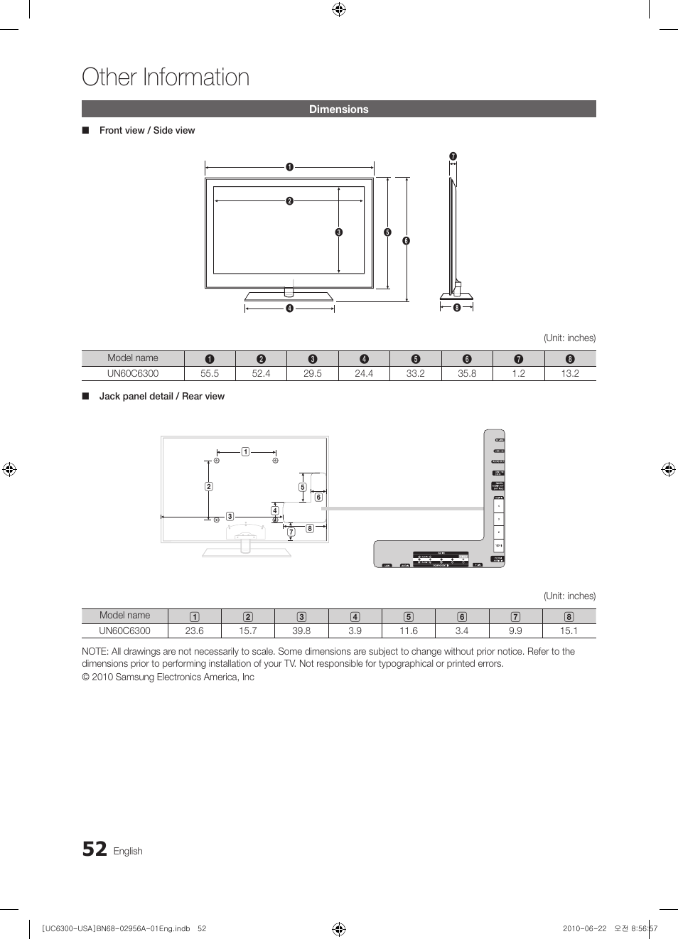 Dimensions, Other information | Samsung UN60C6300SFXZA User Manual | Page 52 / 54
