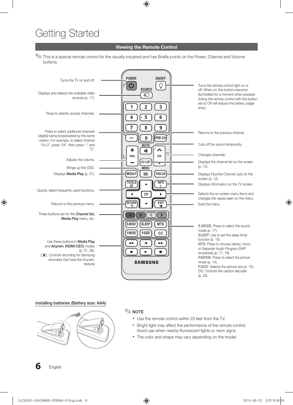 Viewing the remote control, Getting started | Samsung UN60C6300SFXZA User Manual | Page 6 / 54