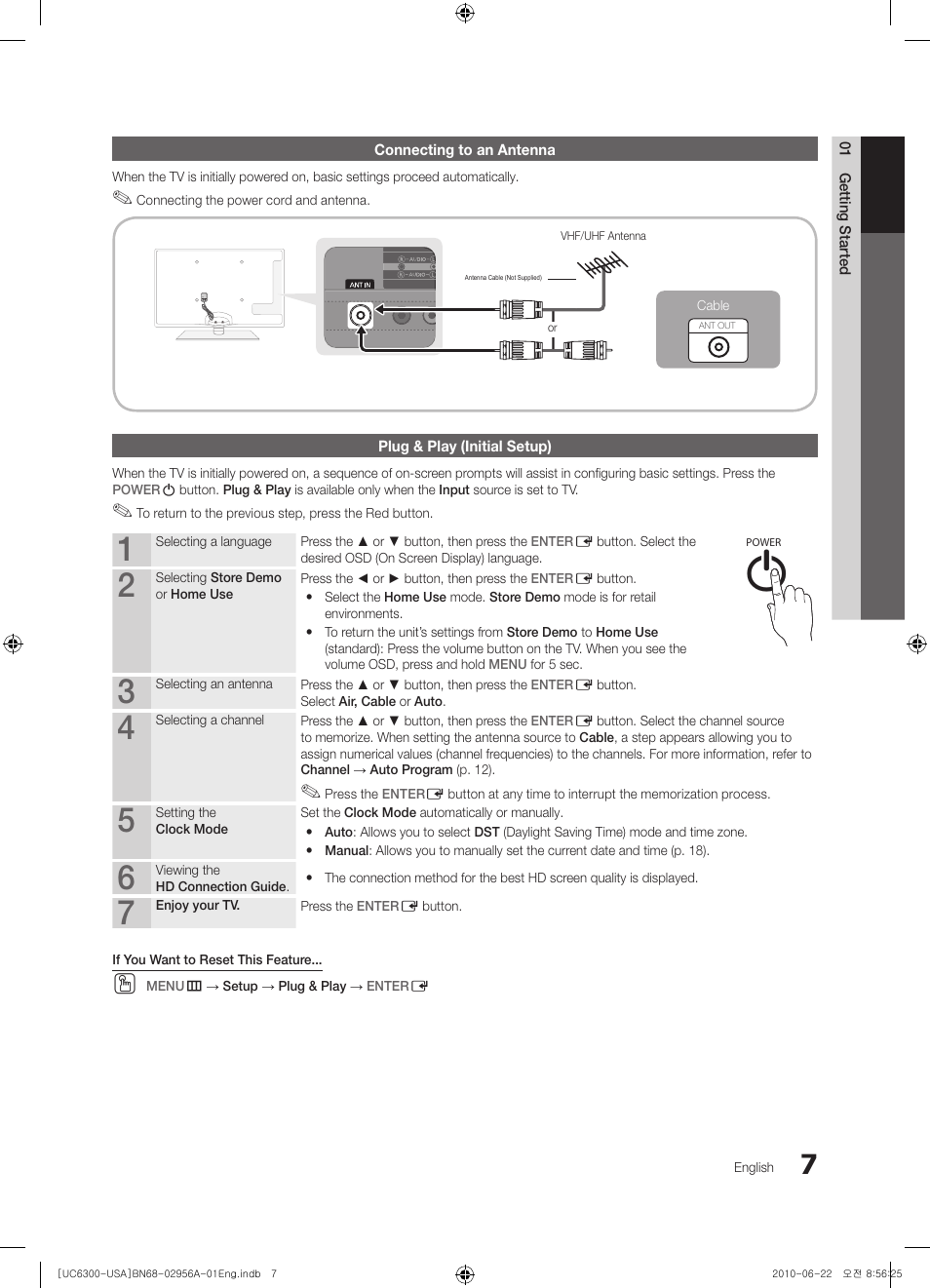 Connecting to an antenna, Plug & play (initial setup) | Samsung UN60C6300SFXZA User Manual | Page 7 / 54