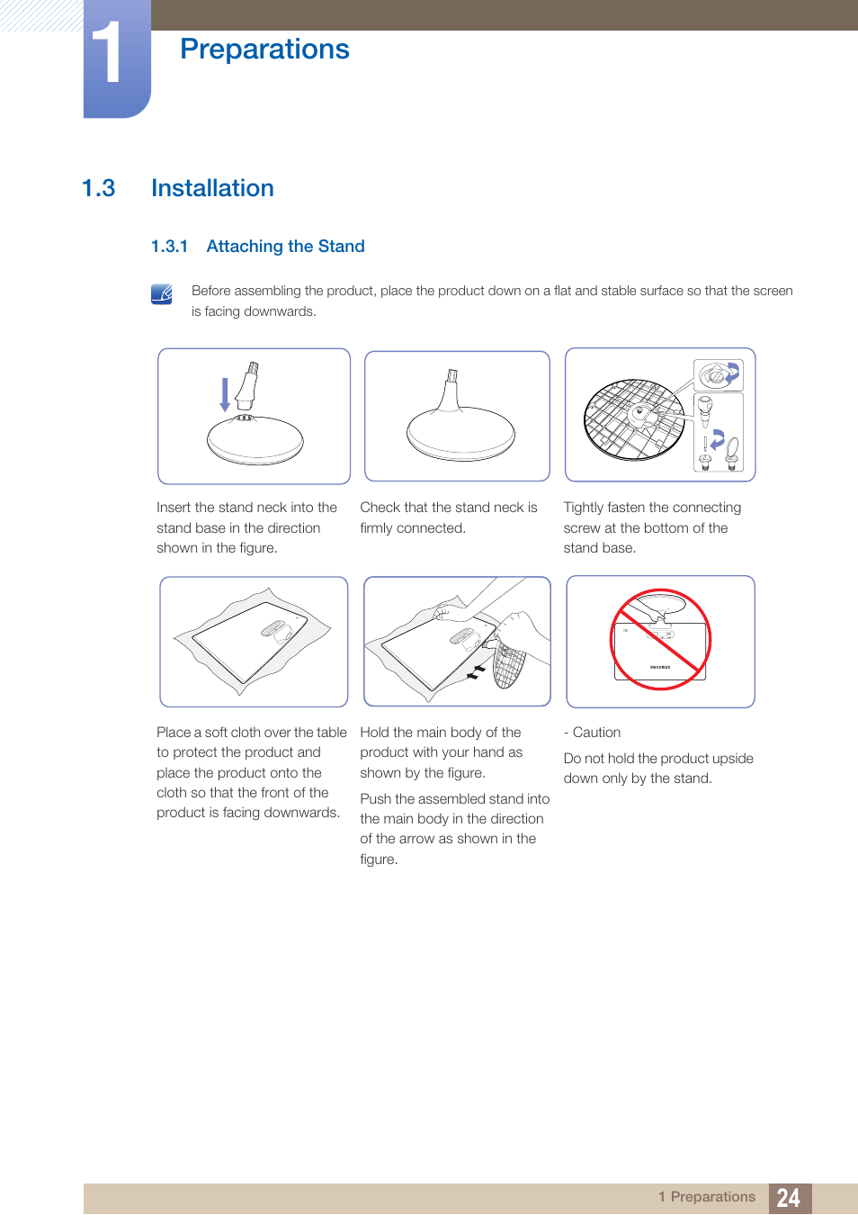 3 installation, 1 attaching the stand, Installation | Attaching the stand, Preparations | Samsung LS27C500HS-ZA User Manual | Page 24 / 95