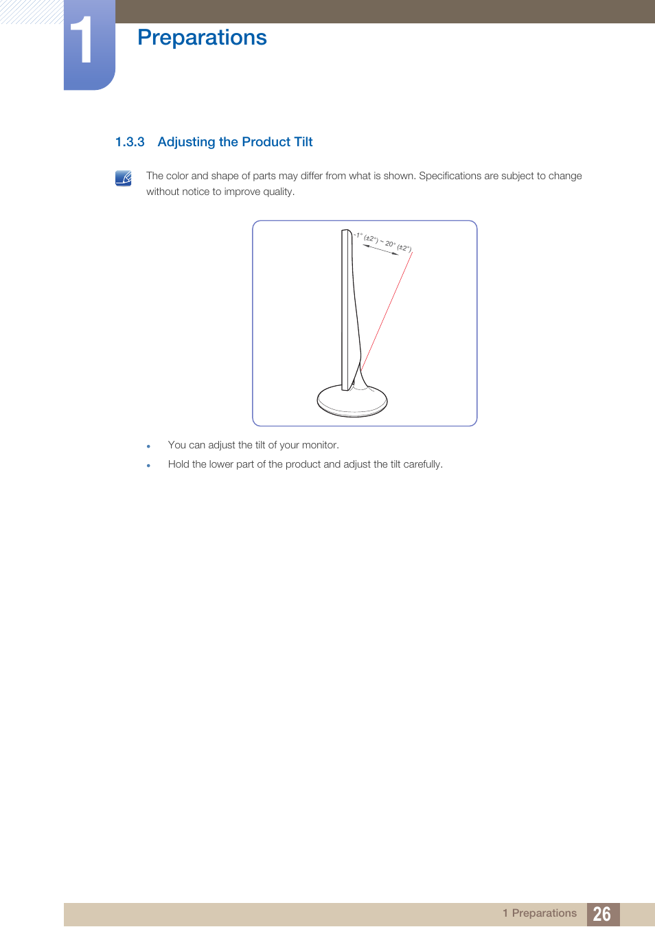 3 adjusting the product tilt, Adjusting the product tilt, Preparations | Samsung LS27C500HS-ZA User Manual | Page 26 / 95
