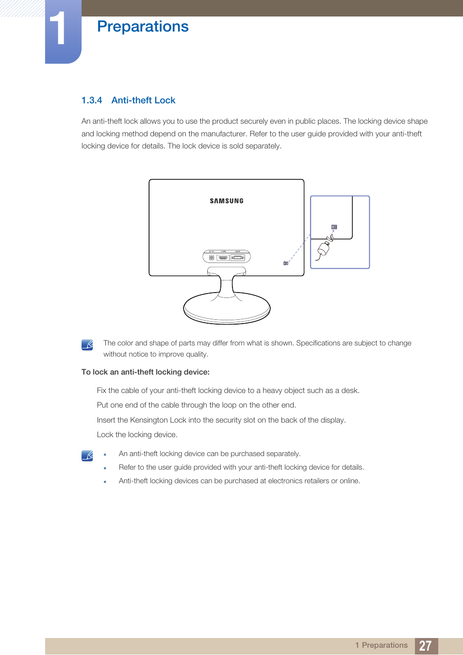 4 anti-theft lock, Anti-theft lock, Preparations | Samsung LS27C500HS-ZA User Manual | Page 27 / 95