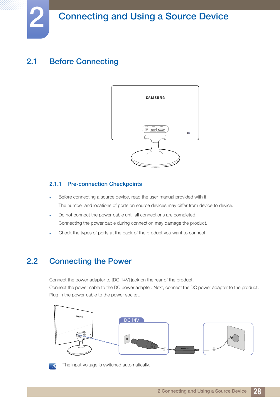 Connecting and using a source device, 1 before connecting, 1 pre-connection checkpoints | 2 connecting the power, Connecting and using, A source device, Before connecting, Pre-connection checkpoints, Connecting the power | Samsung LS27C500HS-ZA User Manual | Page 28 / 95