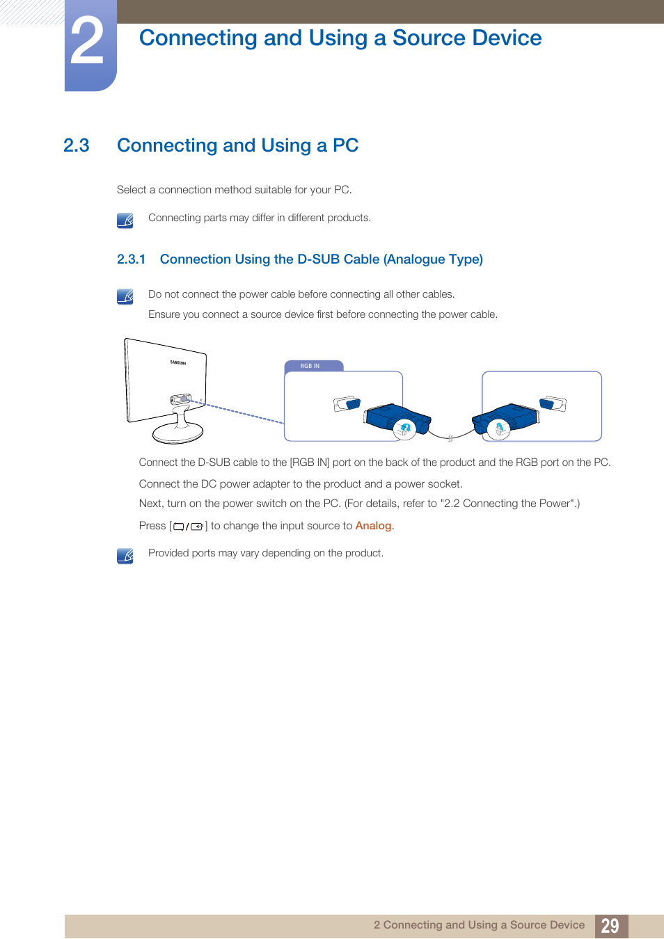 3 connecting and using a pc, 1 connection using the d-sub cable (analogue type), Connecting and using a pc | Connection using the d-sub cable (analogue type), Connecting and using a source device | Samsung LS27C500HS-ZA User Manual | Page 29 / 95