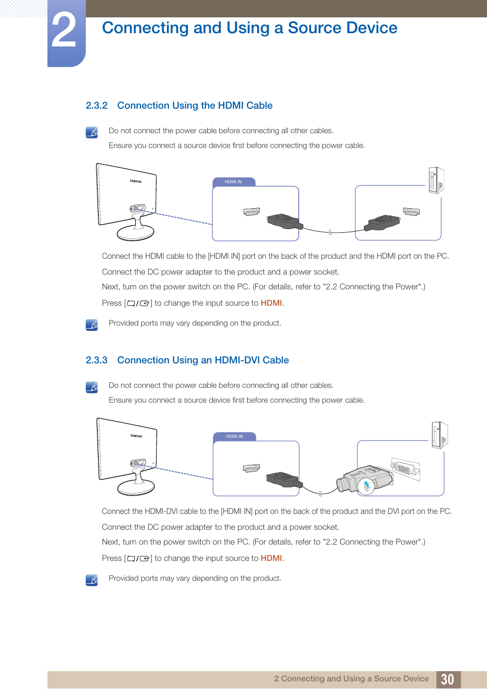 2 connection using the hdmi cable, 3 connection using an hdmi-dvi cable, Connection using the hdmi cable | Connection using an hdmi-dvi cable, Connecting and using a source device | Samsung LS27C500HS-ZA User Manual | Page 30 / 95
