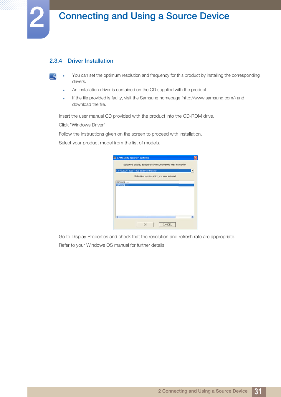 4 driver installation, Driver installation, Connecting and using a source device | Samsung LS27C500HS-ZA User Manual | Page 31 / 95