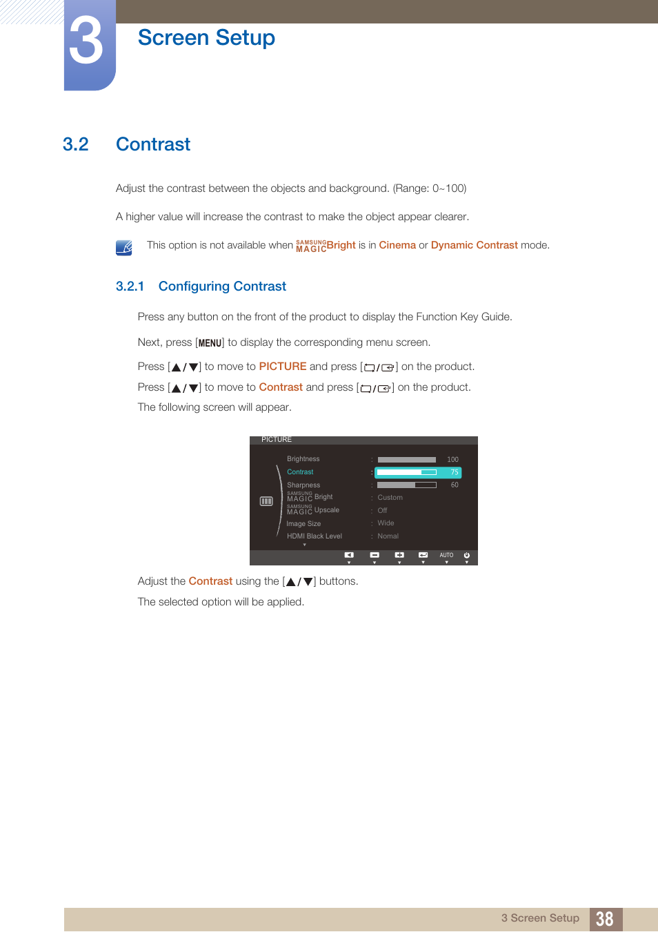 2 contrast, 1 configuring contrast, Contrast | Configuring contrast, Screen setup | Samsung LS27C500HS-ZA User Manual | Page 38 / 95