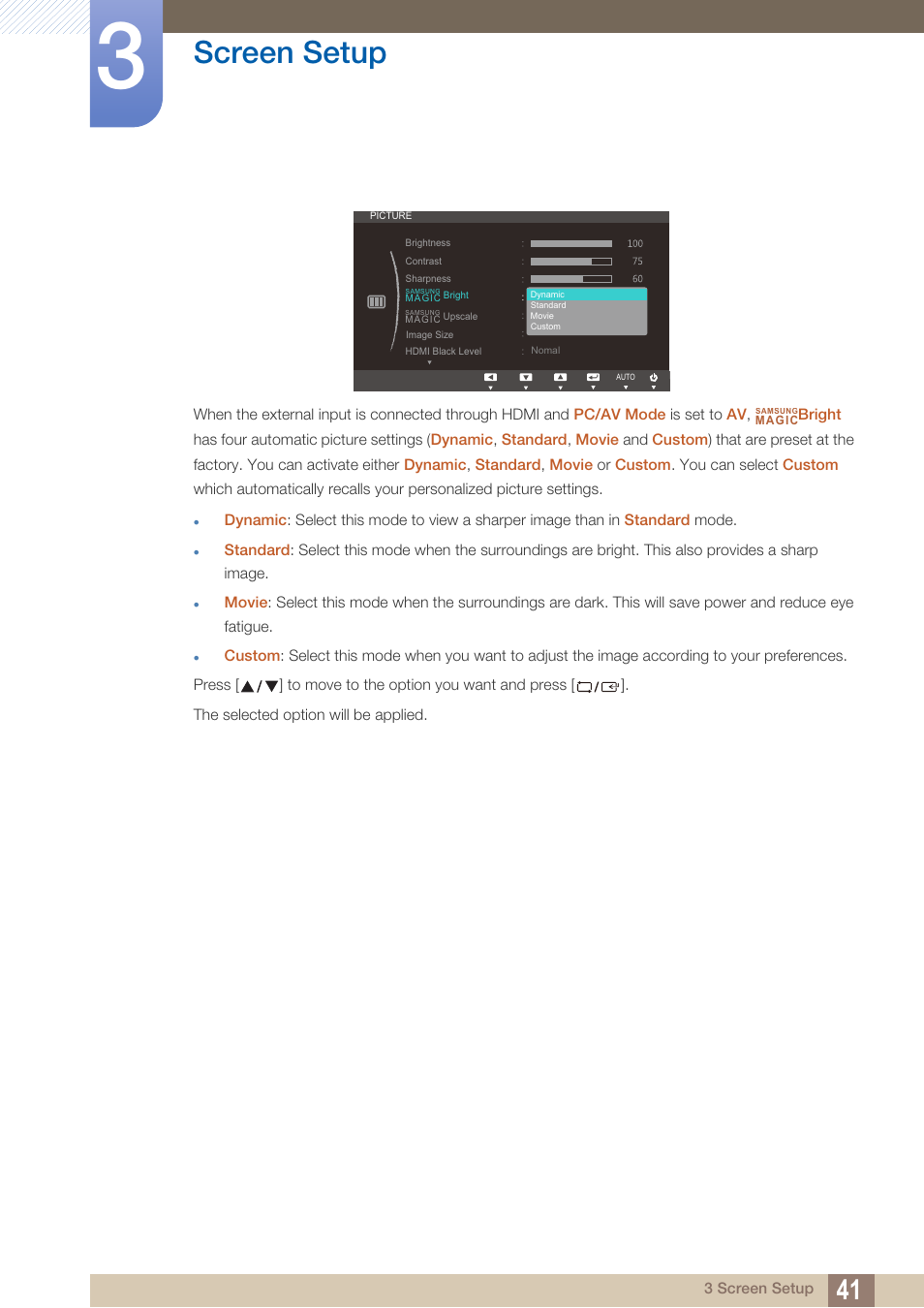 Screen setup | Samsung LS27C500HS-ZA User Manual | Page 41 / 95