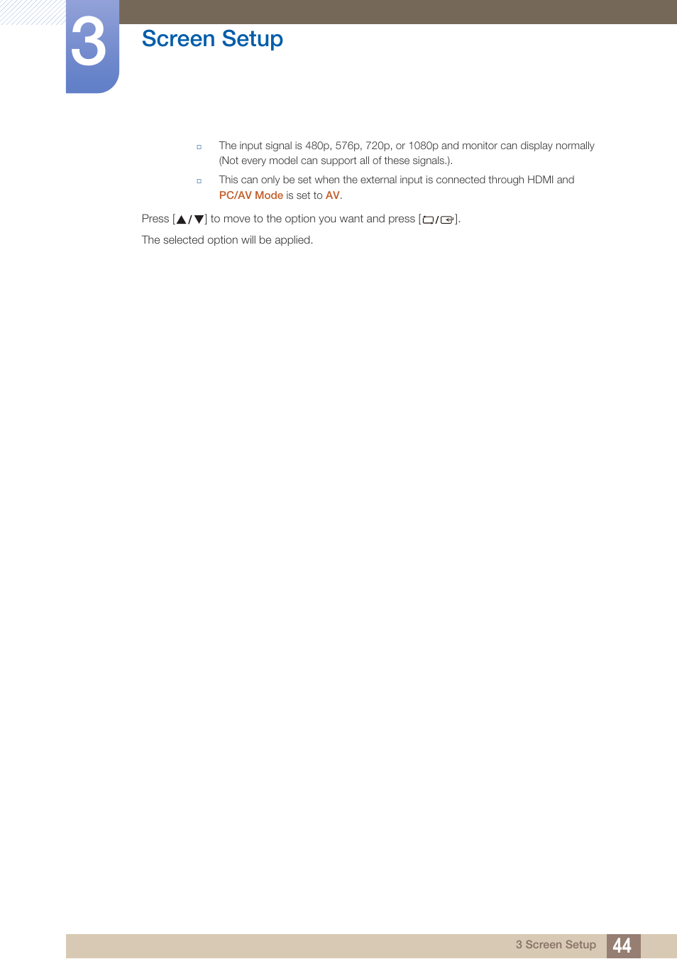 Screen setup | Samsung LS27C500HS-ZA User Manual | Page 44 / 95