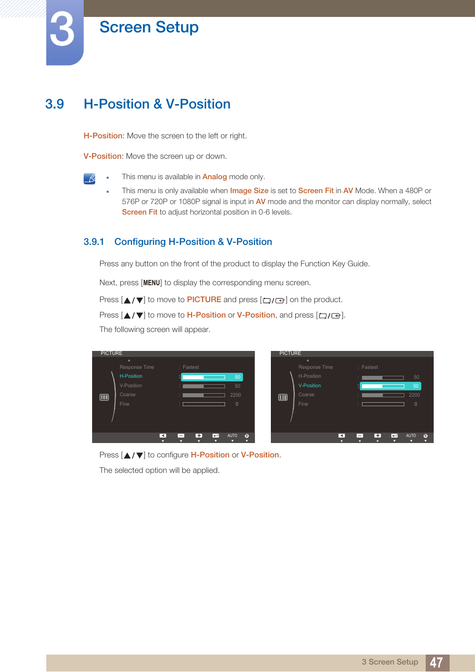 9 h-position & v-position, 1 configuring h-position & v-position, H-position & v-position | Configuring h-position & v-position, Screen setup | Samsung LS27C500HS-ZA User Manual | Page 47 / 95