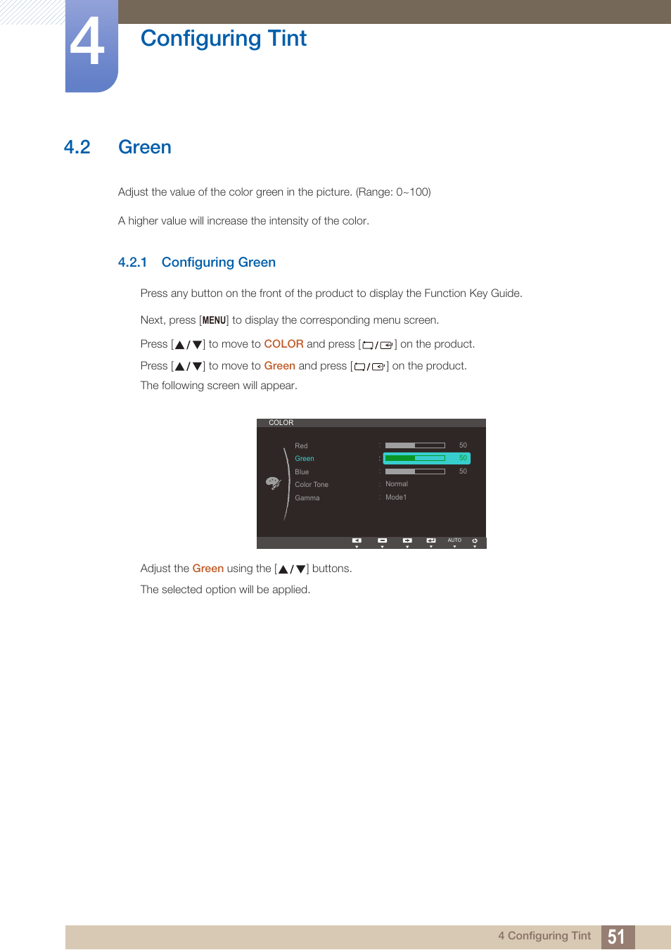2 green, 1 configuring green, Green | Configuring green, Configuring tint | Samsung LS27C500HS-ZA User Manual | Page 51 / 95