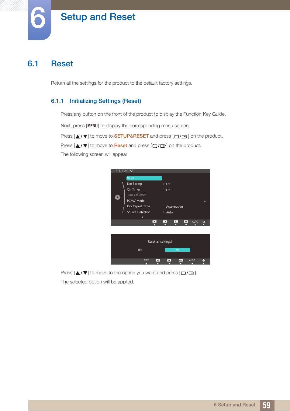 Setup and reset, 1 reset, 1 initializing settings (reset) | Reset, Initializing settings (reset) | Samsung LS27C500HS-ZA User Manual | Page 59 / 95