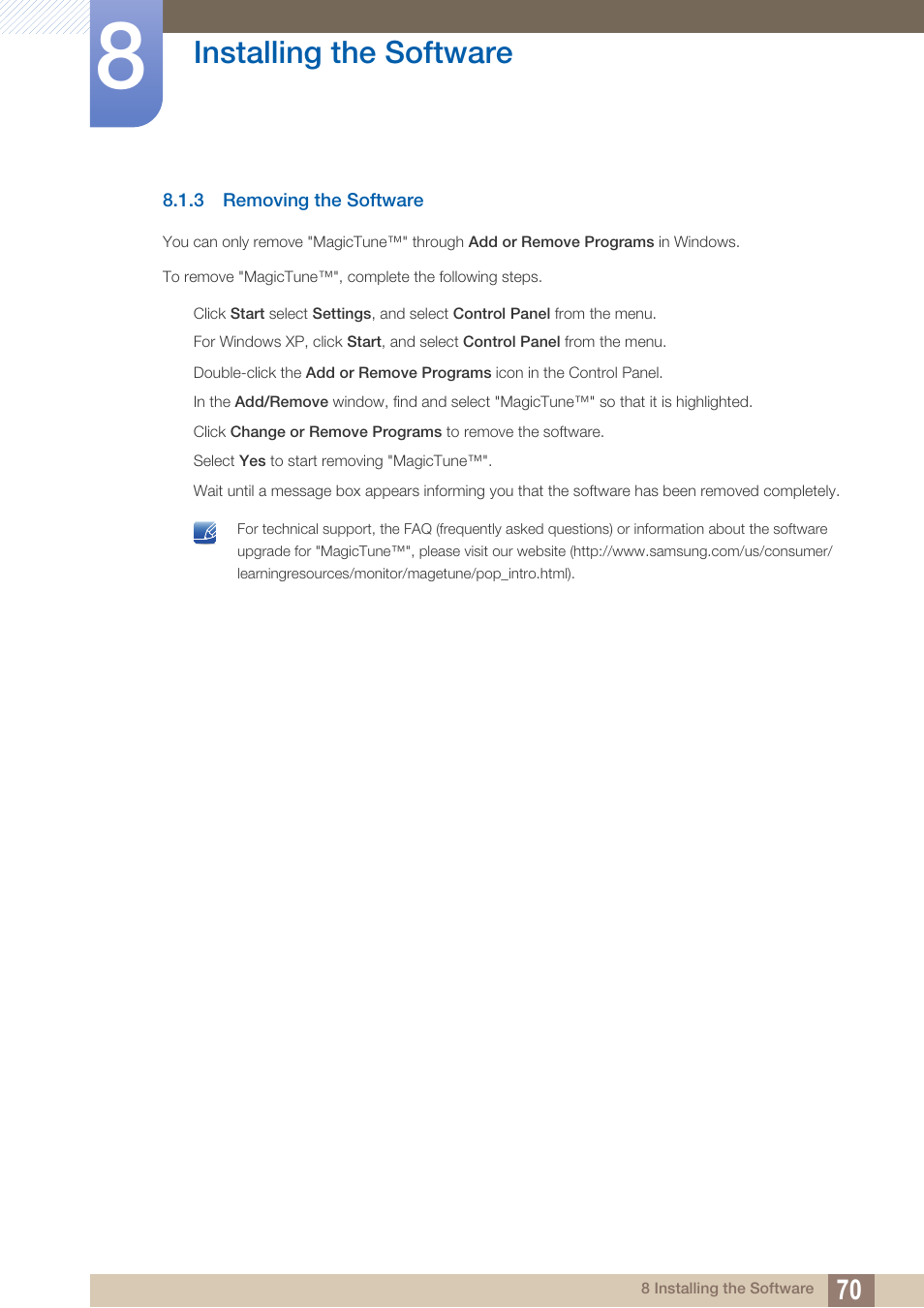 3 removing the software, Removing the software, Installing the software | Samsung LS27C500HS-ZA User Manual | Page 70 / 95