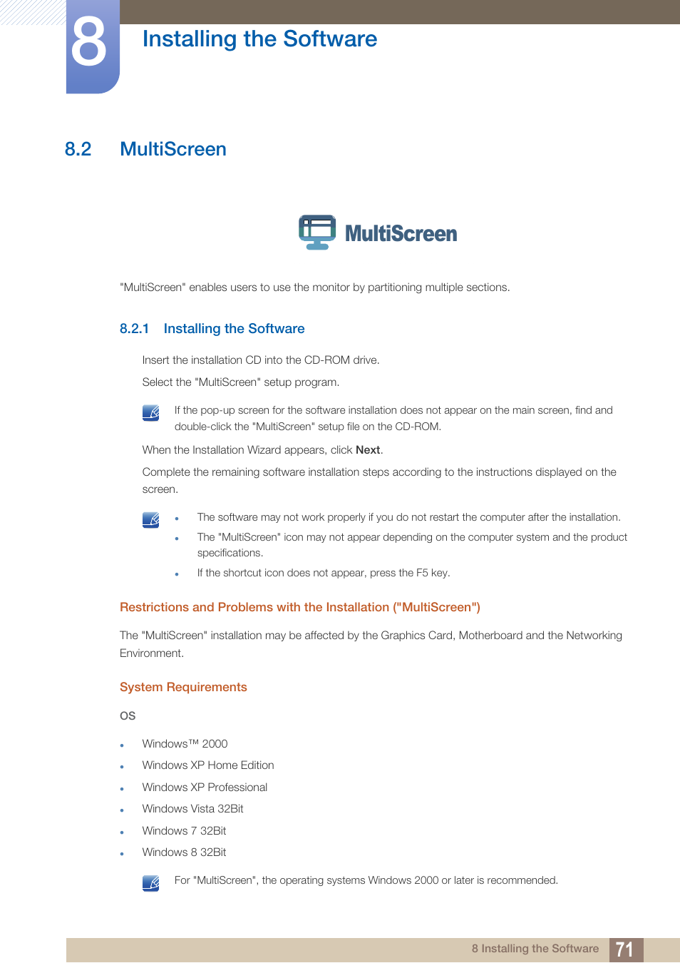 2 multiscreen, 1 installing the software, Multiscreen | Installing the software | Samsung LS27C500HS-ZA User Manual | Page 71 / 95