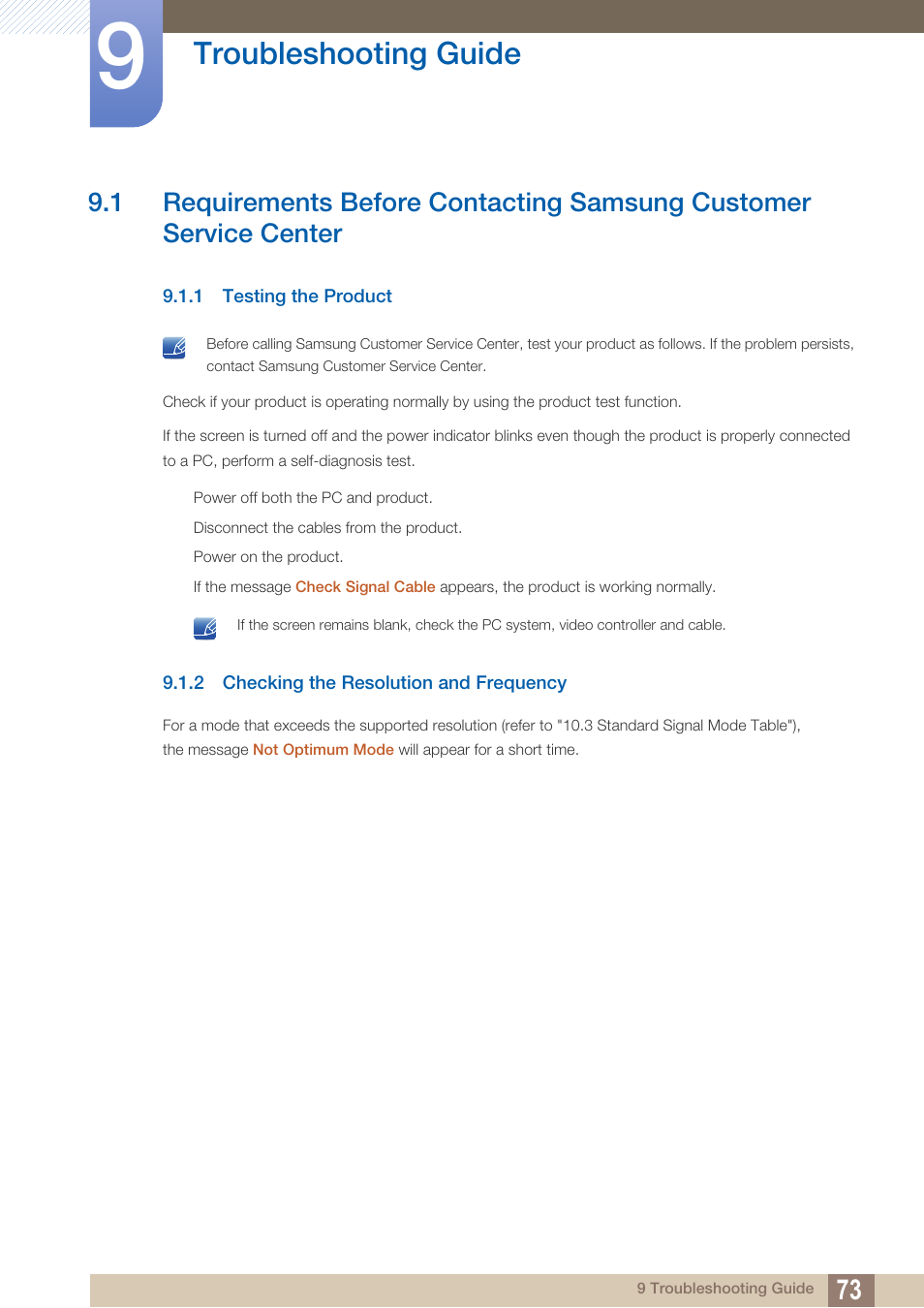 Troubleshooting guide, 1 testing the product, 2 checking the resolution and frequency | Troubleshooting, Guide, Testing the product, Checking the resolution and frequency | Samsung LS27C500HS-ZA User Manual | Page 73 / 95