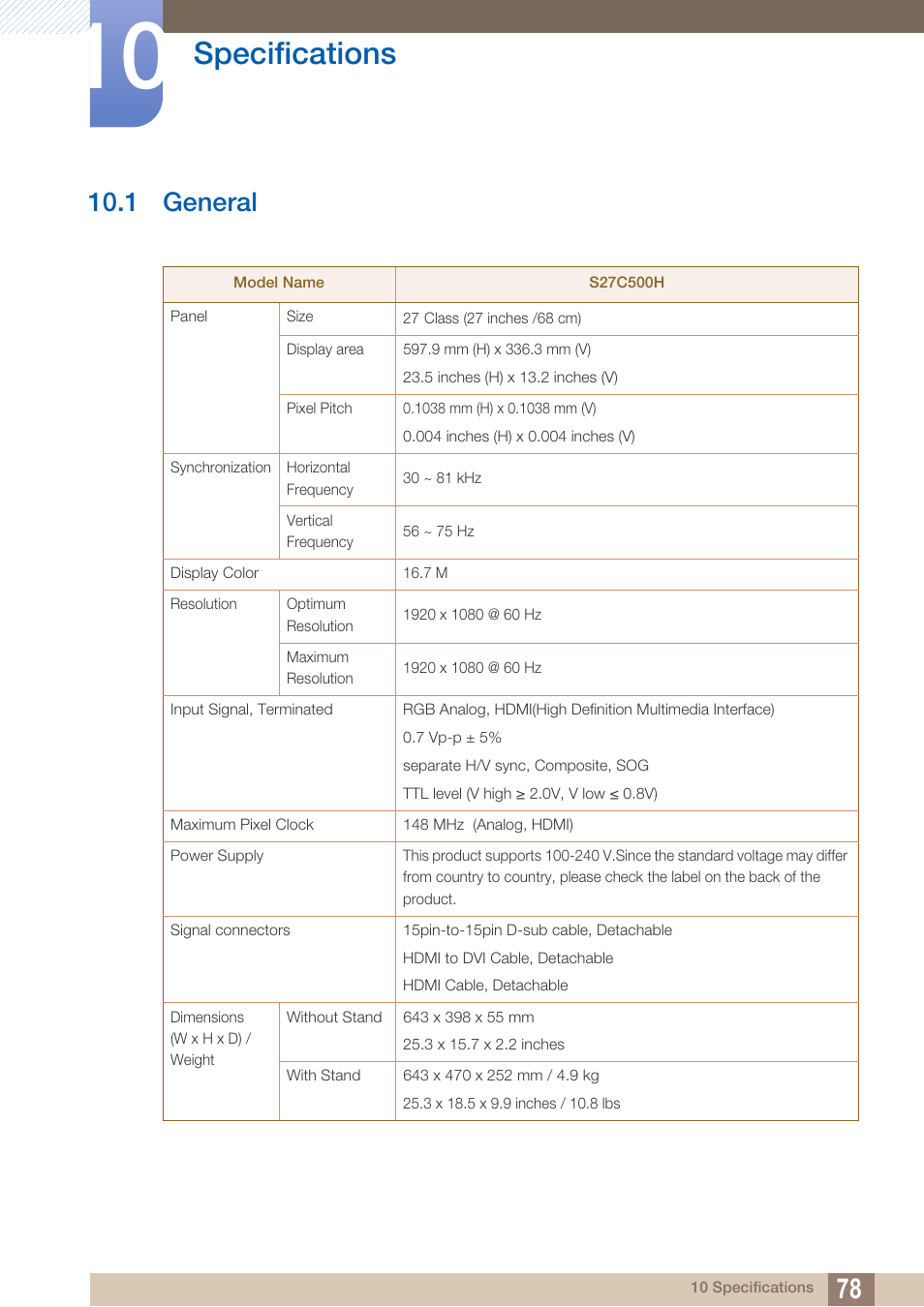 Specifications, 1 general, General | Samsung LS27C500HS-ZA User Manual | Page 78 / 95
