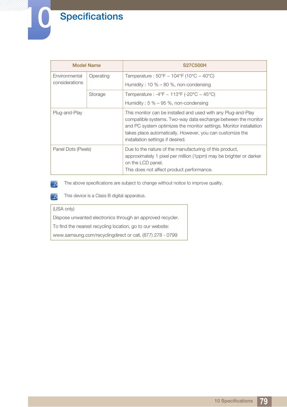 Specifications | Samsung LS27C500HS-ZA User Manual | Page 79 / 95