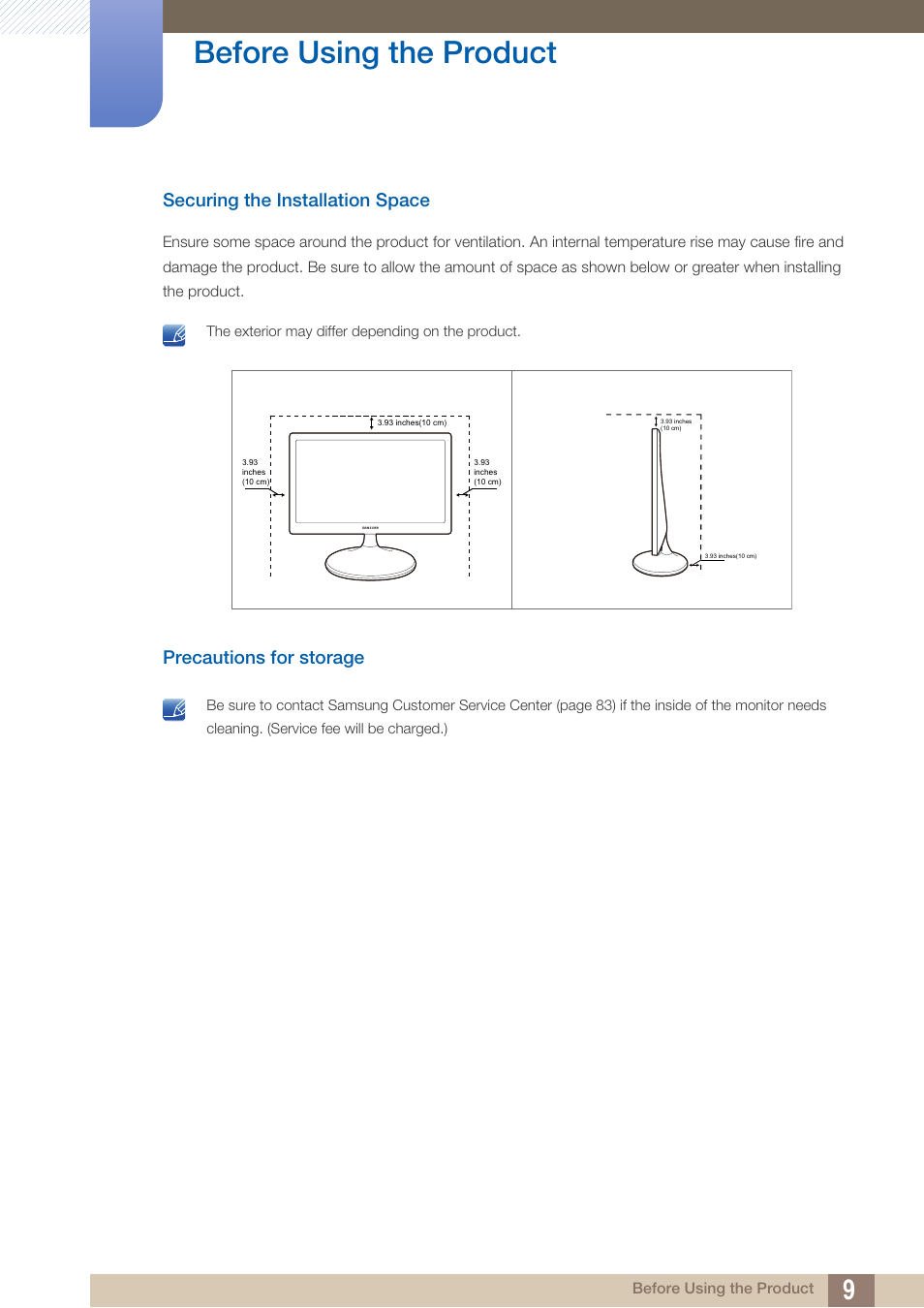 Securing the installation space, Precautions for storage, Before using the product | Samsung LS27C500HS-ZA User Manual | Page 9 / 95