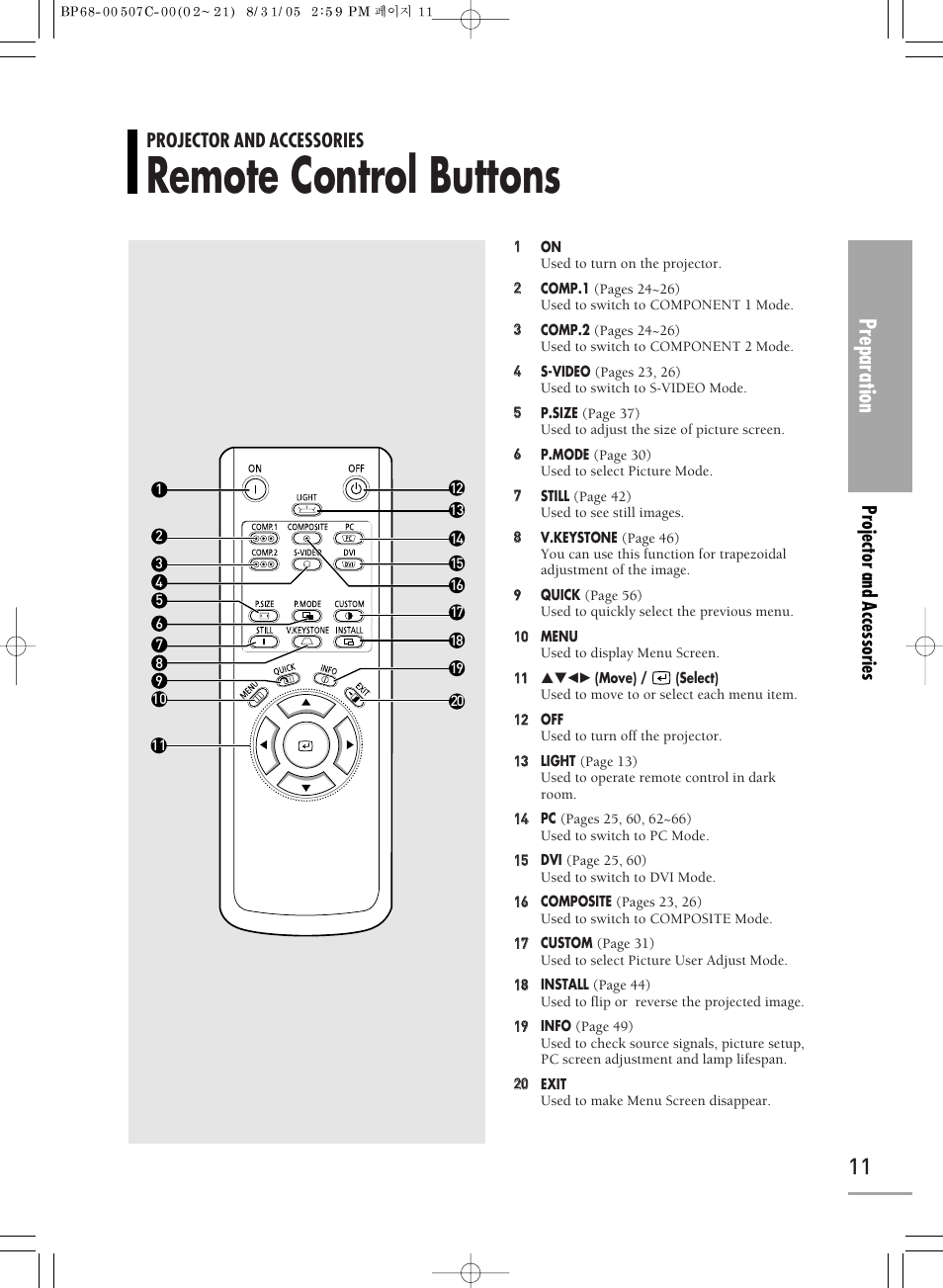 Remote control buttons, Preparation, Projector and accessories | Samsung SPH700AEX-XAA User Manual | Page 11 / 84