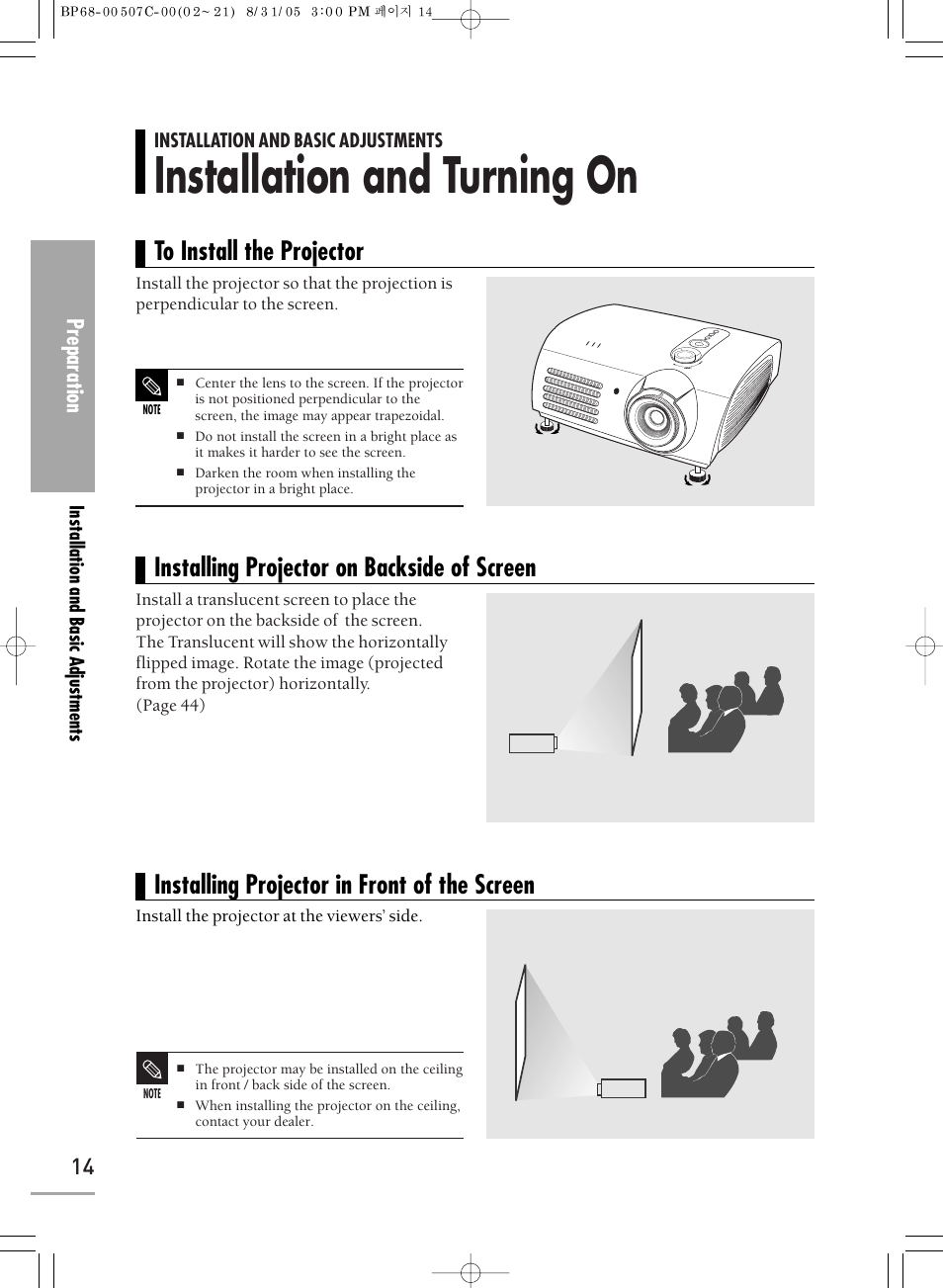 Installation and basic adjustments, Installation and turning on, Preparation | Samsung SPH700AEX-XAA User Manual | Page 14 / 84