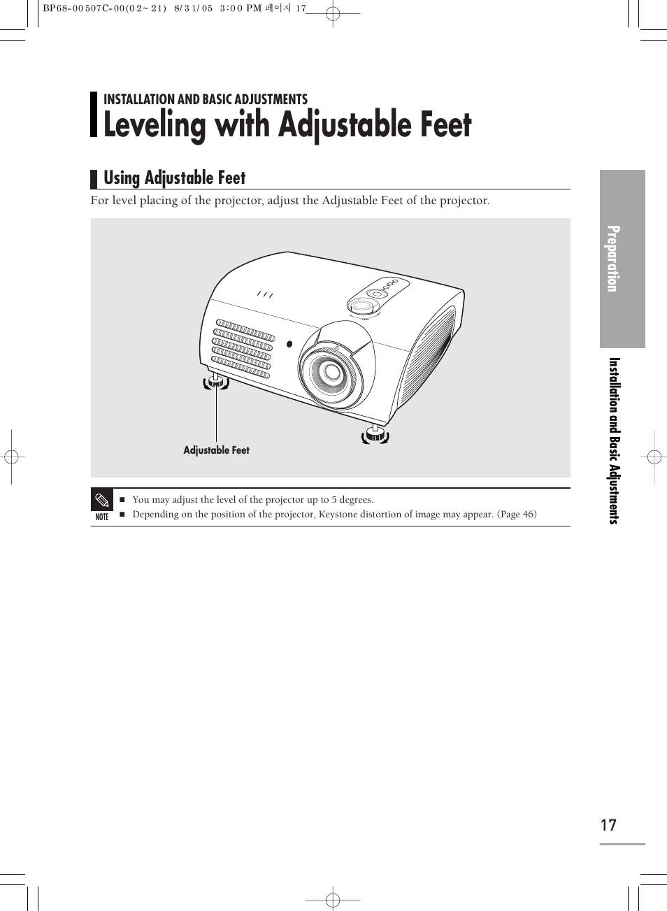 Leveling with adjustable feet, Using adjustable feet | Samsung SPH700AEX-XAA User Manual | Page 17 / 84