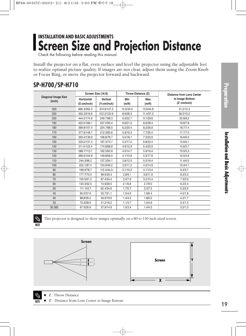 Screen size and projection distance, Preparation, Installation and basic adjustments | Samsung SPH700AEX-XAA User Manual | Page 19 / 84