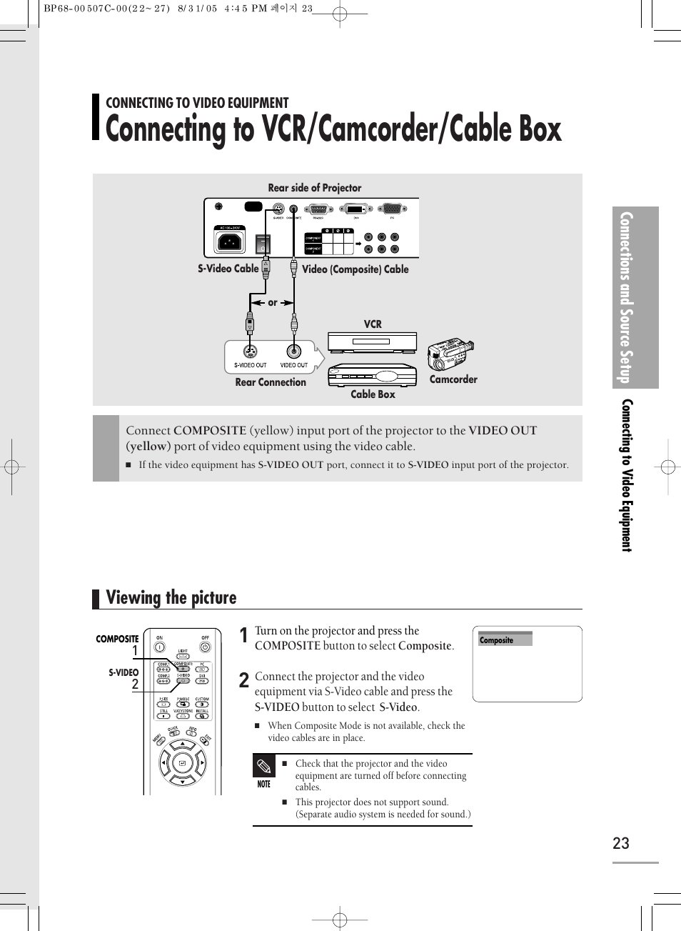 Connecting to video equipment, Connecting to vcr/camcorder/cable box, Viewing the picture | Connections and source setup | Samsung SPH700AEX-XAA User Manual | Page 23 / 84