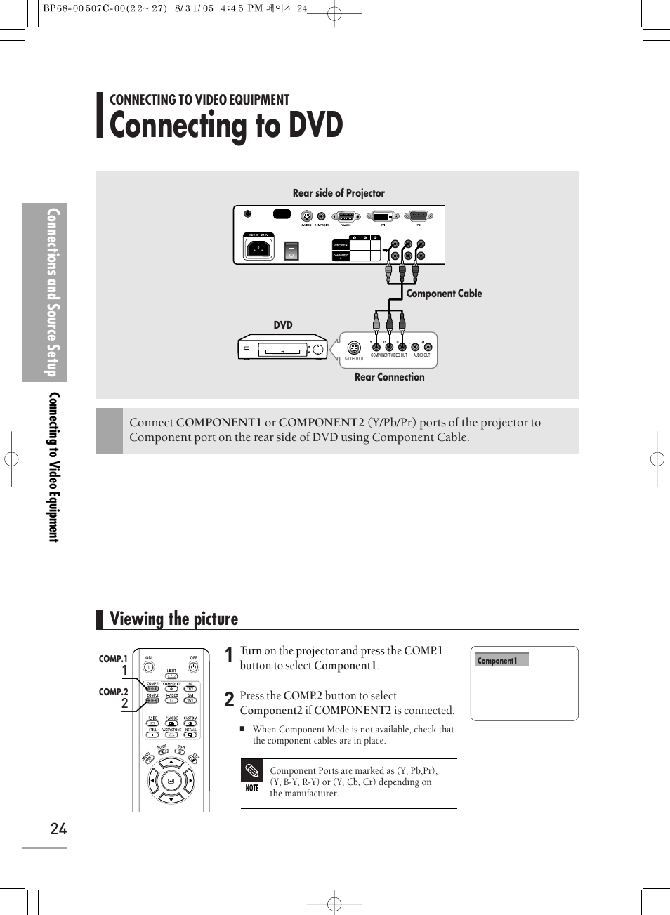 Connecting to dvd, Viewing the picture, 24 connections and source setup | Samsung SPH700AEX-XAA User Manual | Page 24 / 84