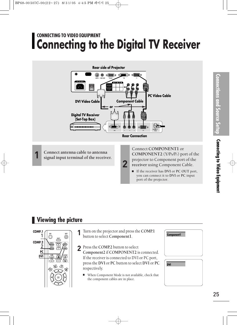 Connecting to the digital tv receiver, Viewing the picture, Connections and source setup | Samsung SPH700AEX-XAA User Manual | Page 25 / 84