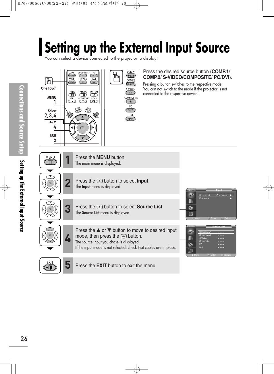 Setting up the external input source, Connections and source setup | Samsung SPH700AEX-XAA User Manual | Page 26 / 84