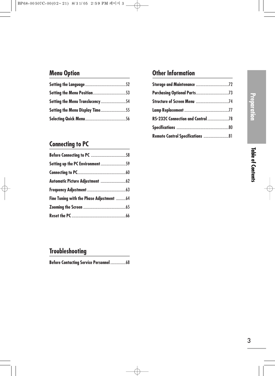 Preparation, 3menu option, Connecting to pc | Troubleshooting, Other information | Samsung SPH700AEX-XAA User Manual | Page 3 / 84