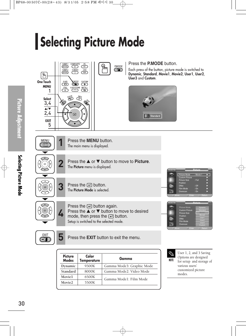 Selecting picture mode, Picture adjustment, Press the p.mode button | Press the menu button, Press the ▲ or ▼ button to move to picture, Press the button, Press the exit button to exit the menu | Samsung SPH700AEX-XAA User Manual | Page 30 / 84