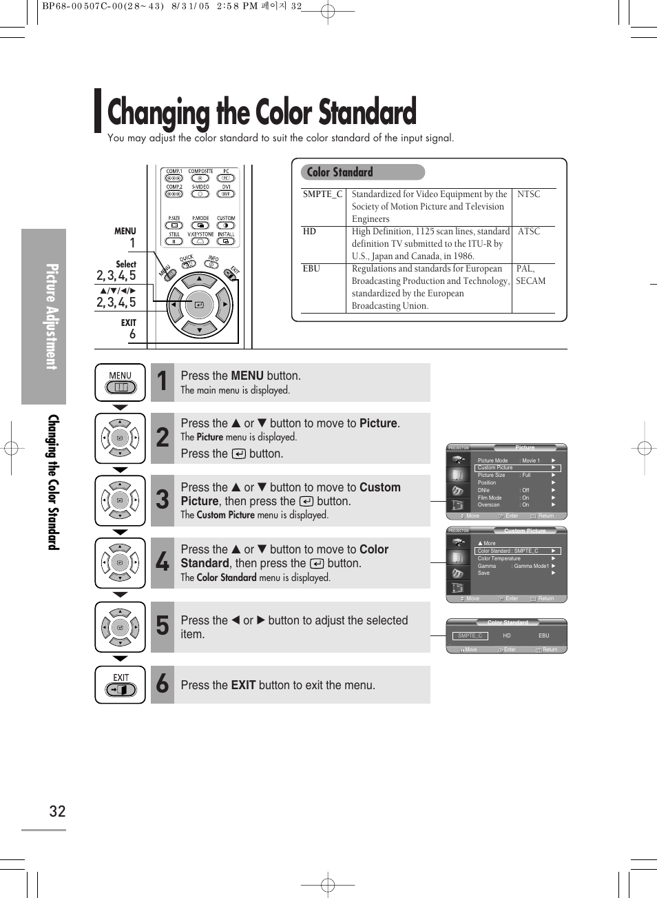 Changing the color standard, Picture adjustment, Press the menu button | Press the ▲ or ▼ button to move to picture, Press the button, Press the exit button to exit the menu, Color standard | Samsung SPH700AEX-XAA User Manual | Page 32 / 84