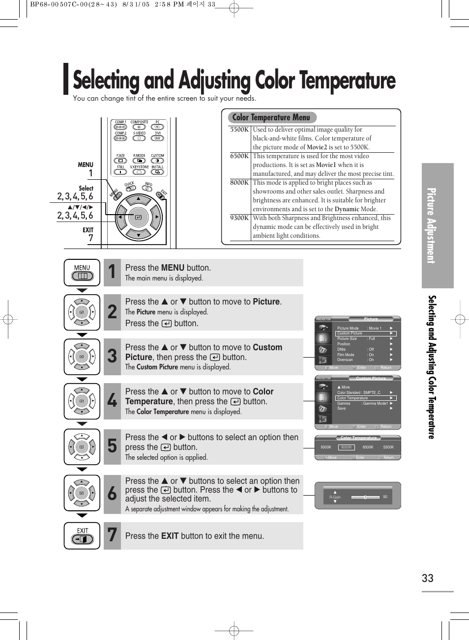 Selecting and adjusting color temperature, Picture adjustment, Selecting and adjusting color t emperature | Samsung SPH700AEX-XAA User Manual | Page 33 / 84