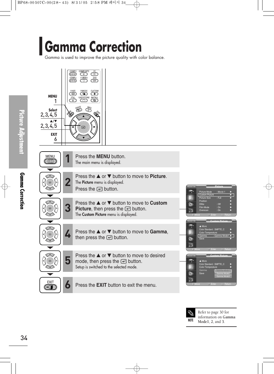 Gamma correction, Picture adjustment, Press the menu button | Press the ▲ or ▼ button to move to picture, Press the button, Press the exit button to exit the menu | Samsung SPH700AEX-XAA User Manual | Page 34 / 84