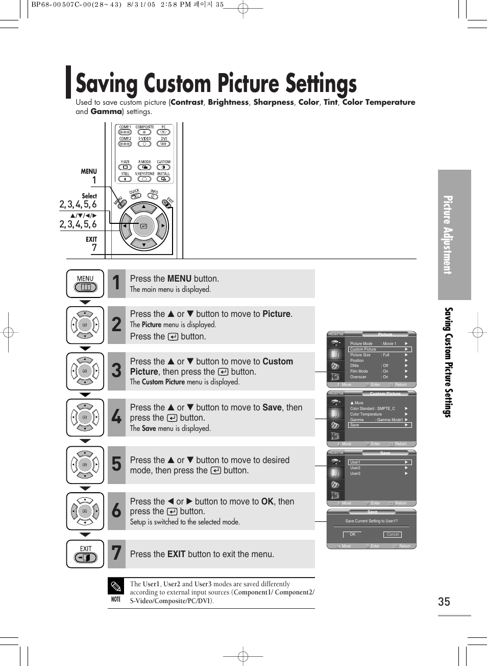 Saving custom picture settings, Picture adjustment, Press the menu button | Press the ▲ or ▼ button to move to picture, Press the button, Press the exit button to exit the menu | Samsung SPH700AEX-XAA User Manual | Page 35 / 84