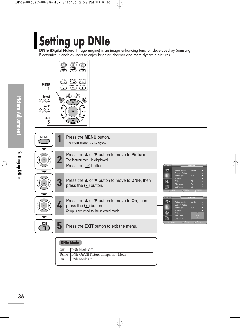 Setting up dnle, 36 picture adjustment, Setting up dnie | Press the menu button, Press the ▲ or ▼ button to move to picture, Press the button, Press the exit button to exit the menu, Dnie mode | Samsung SPH700AEX-XAA User Manual | Page 36 / 84